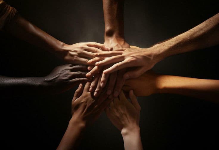 Diverse hands stacked together in unity